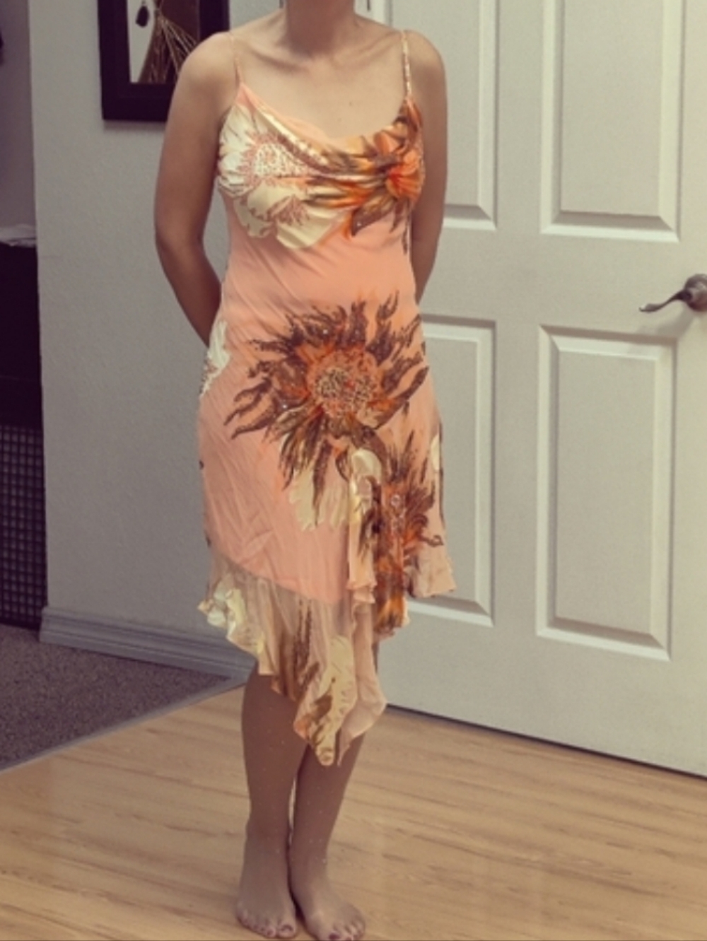 Cache Peach Floral Silk Slip Dress with Beaded Accents - Picture 2 of 3